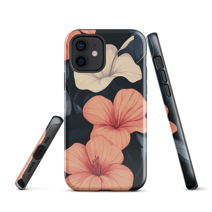 Phone case with coral hibiscus flowers and ivory blooms on dark background