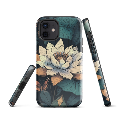Phone case with ivory water lily, green leaves, and butterfly accents on dark background