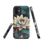 Phone case with ivory water lily, green leaves, and butterfly accents on dark background