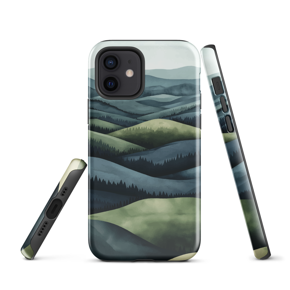 Phone case with layered mountain and forest landscape in blue and green hues