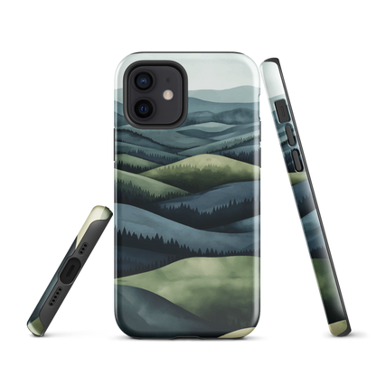 Phone case with layered mountain and forest landscape in blue and green hues