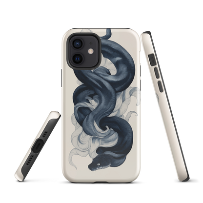 Phone case with black python and smoke design on cream background