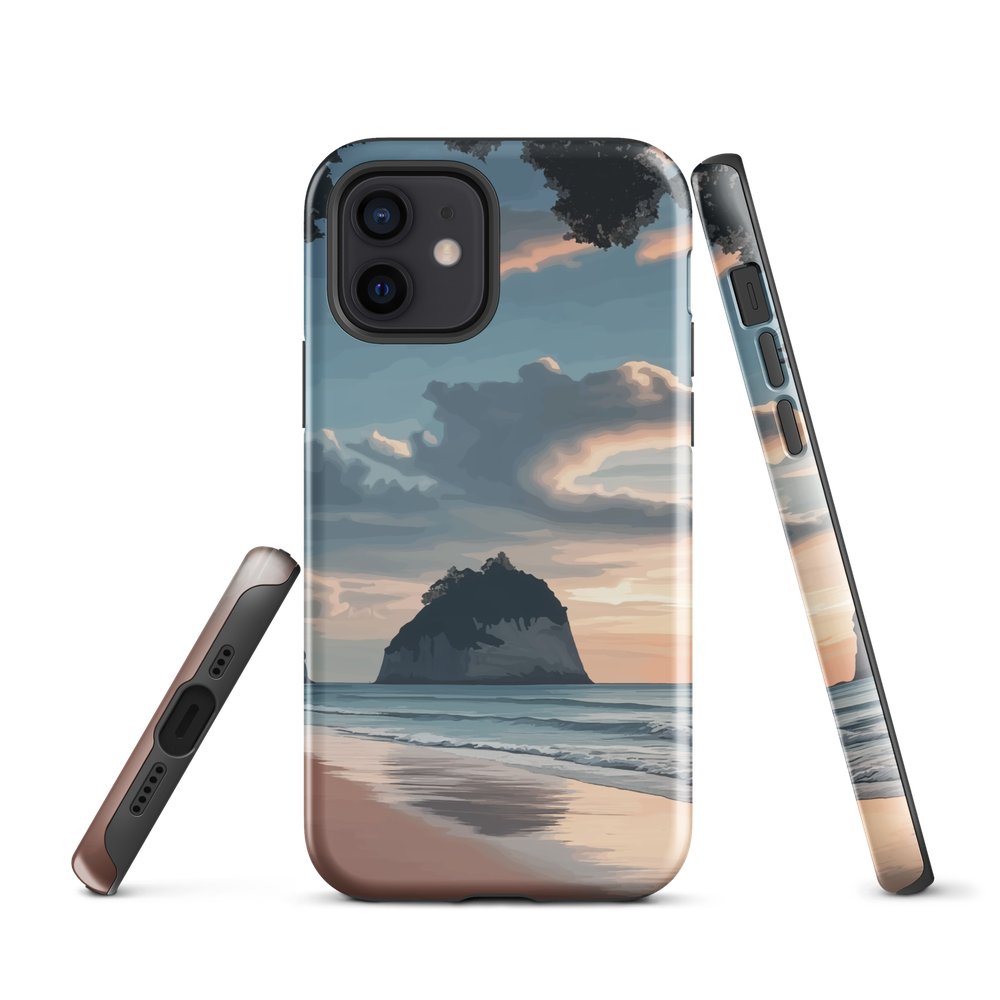 Phone case with Cathedral Cove beach and sunset scene, featuring soft skies and sea stack