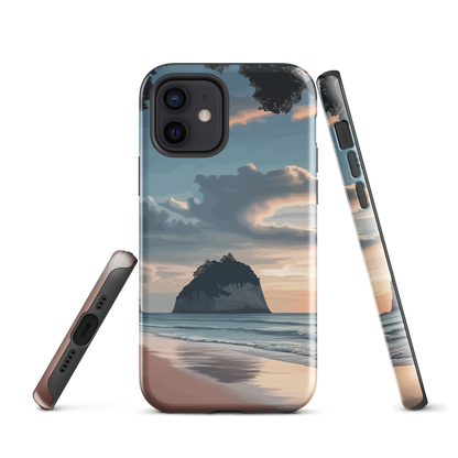 Phone case with Cathedral Cove beach and sunset scene, featuring soft skies and sea stack