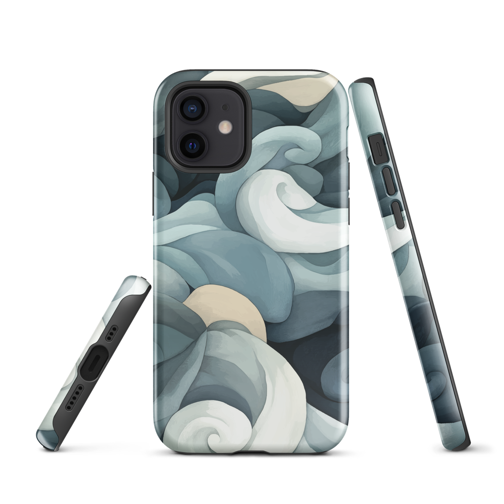 Phone case with abstract swirling ocean waves in blue and cream