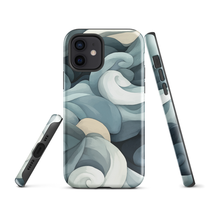 Phone case with abstract swirling ocean waves in blue and cream