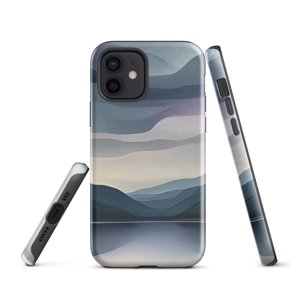 Phone case with moody blue and purple layered mountain and lake landscape artwork