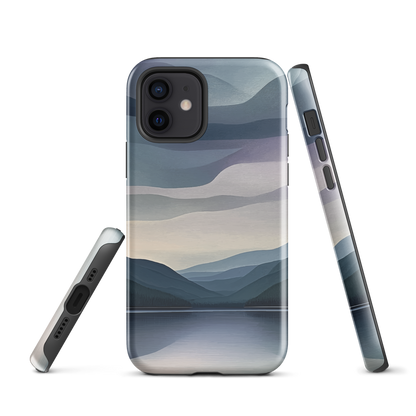 Phone case with moody blue and purple layered mountain and lake landscape artwork