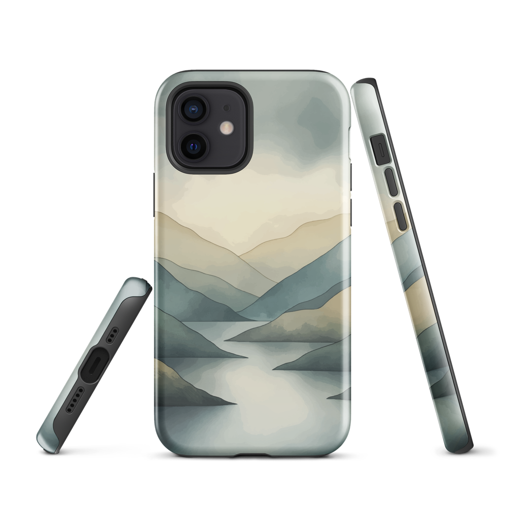 Phone case with soft mountain and valley design in misty green, blue, and golden tones