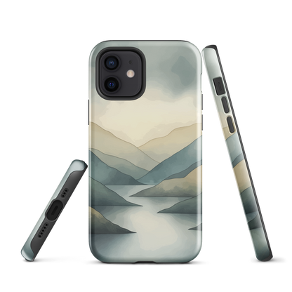 Phone case with soft mountain and valley design in misty green, blue, and golden tones