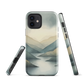 Phone case with soft mountain and valley design in misty green, blue, and golden tones