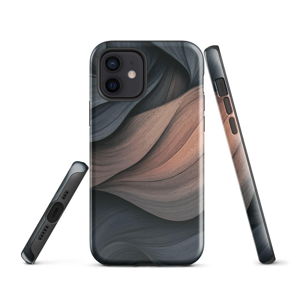 Phone case with flowing abstract design in black, copper and charcoal tones, inspired by dusk shadows