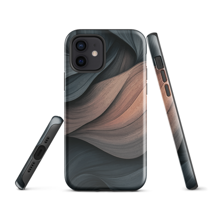 Phone case with flowing abstract design in black, copper and charcoal tones, inspired by dusk shadows