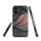 Phone case with flowing abstract design in black, copper and charcoal tones, inspired by dusk shadows