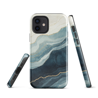 An elegant abstract phone case inspired by layered coastal forms in blue and teal tones.