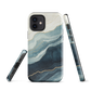 An elegant abstract phone case inspired by layered coastal forms in blue and teal tones.