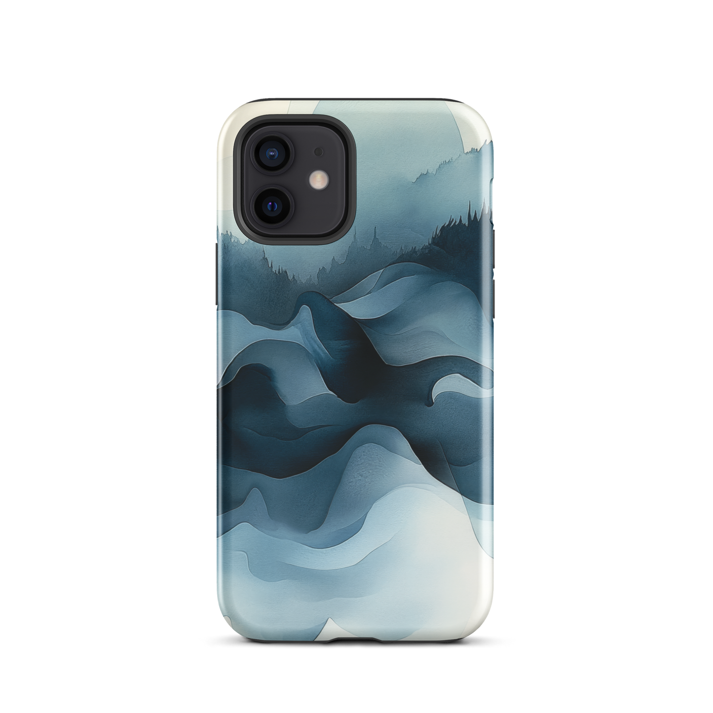 A calming abstract landscape protective phone case inspired by quiet valleys and soft blue tones.