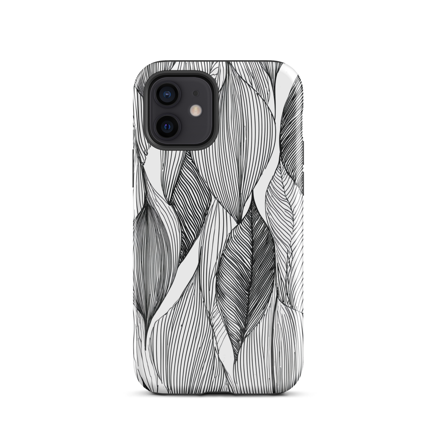 A minimalist phone case featuring fine black botanical linework in a repeating leaf pattern.