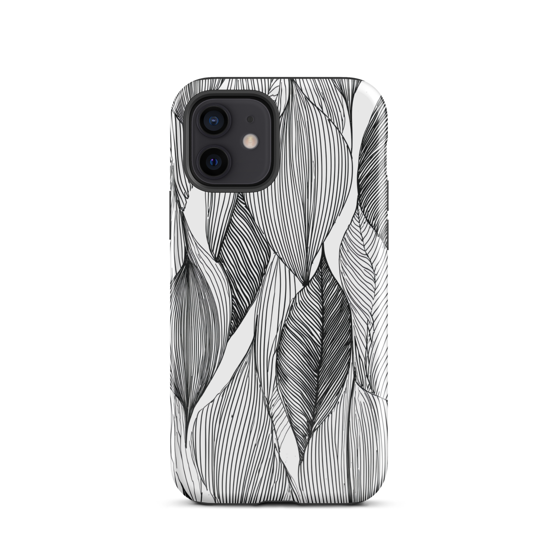 A minimalist phone case featuring fine black botanical linework in a repeating leaf pattern.