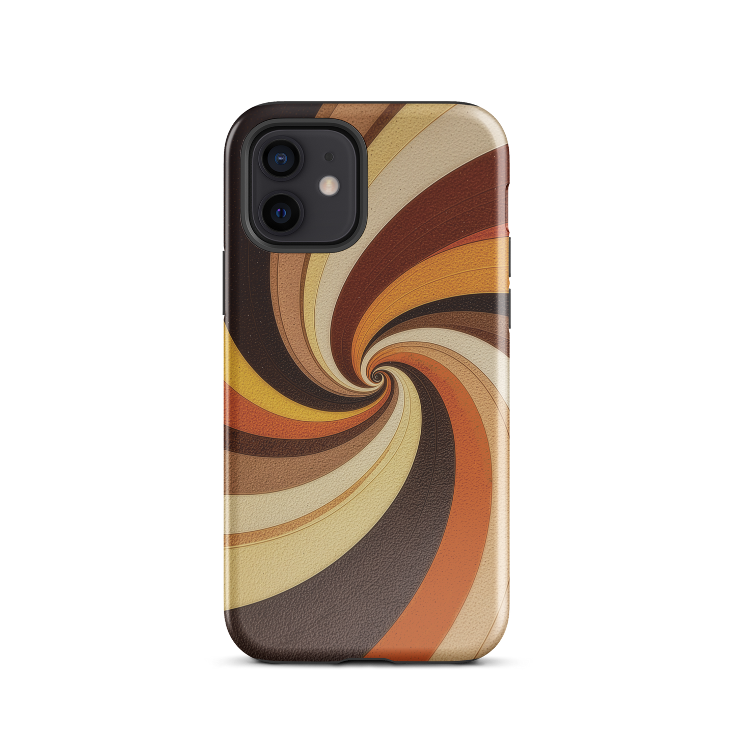 A retro-inspired phone case featuring warm swirling patterns in orange, yellow, and brown tones.