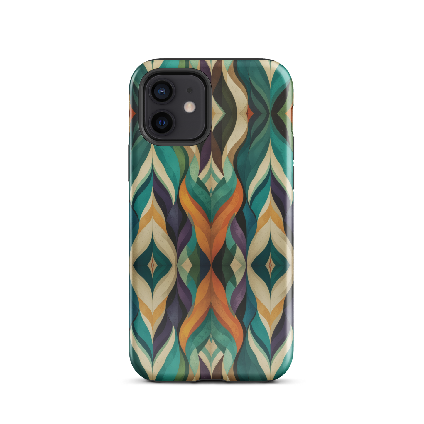A bold geometric phone case featuring layered shapes in rich, earthy tones.