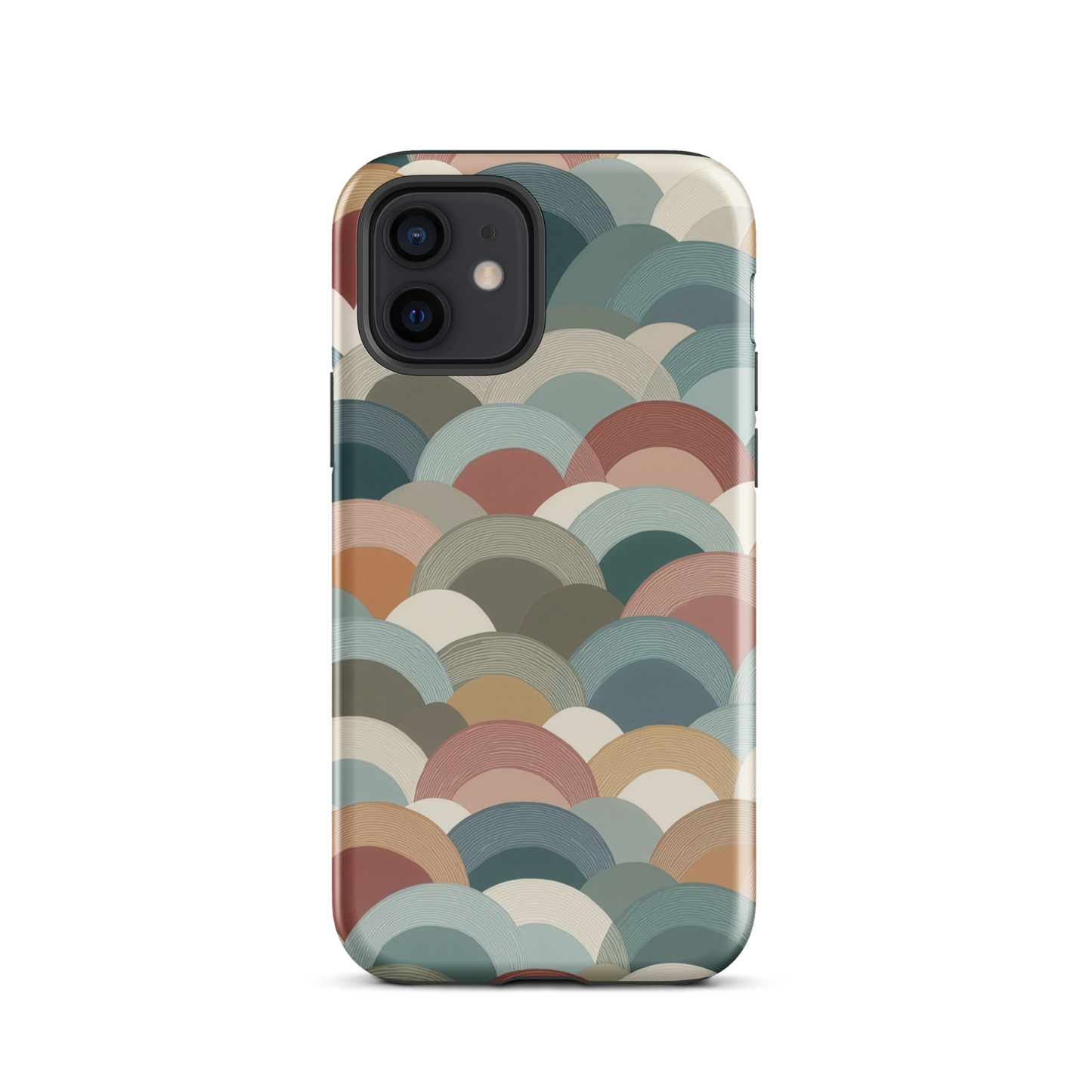 A soft retro-inspired phone case featuring layered arc shapes in warm, earthy tones.