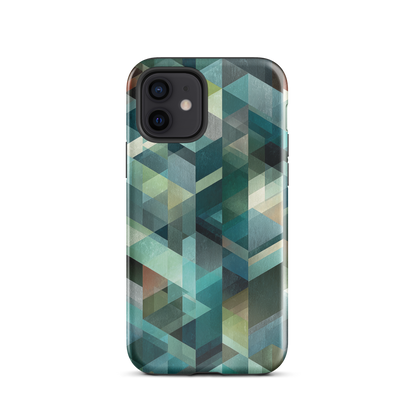 Modern abstract geometric phone case in teal and blue tones with layered retro-inspired shapes.