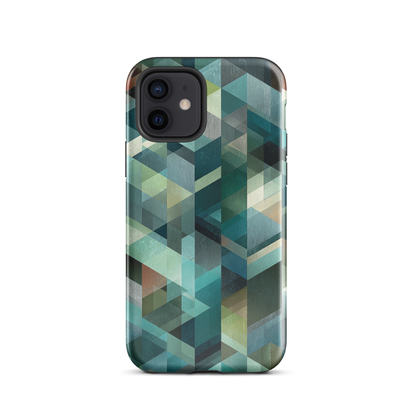 Modern abstract geometric phone case in teal and blue tones with layered retro-inspired shapes.