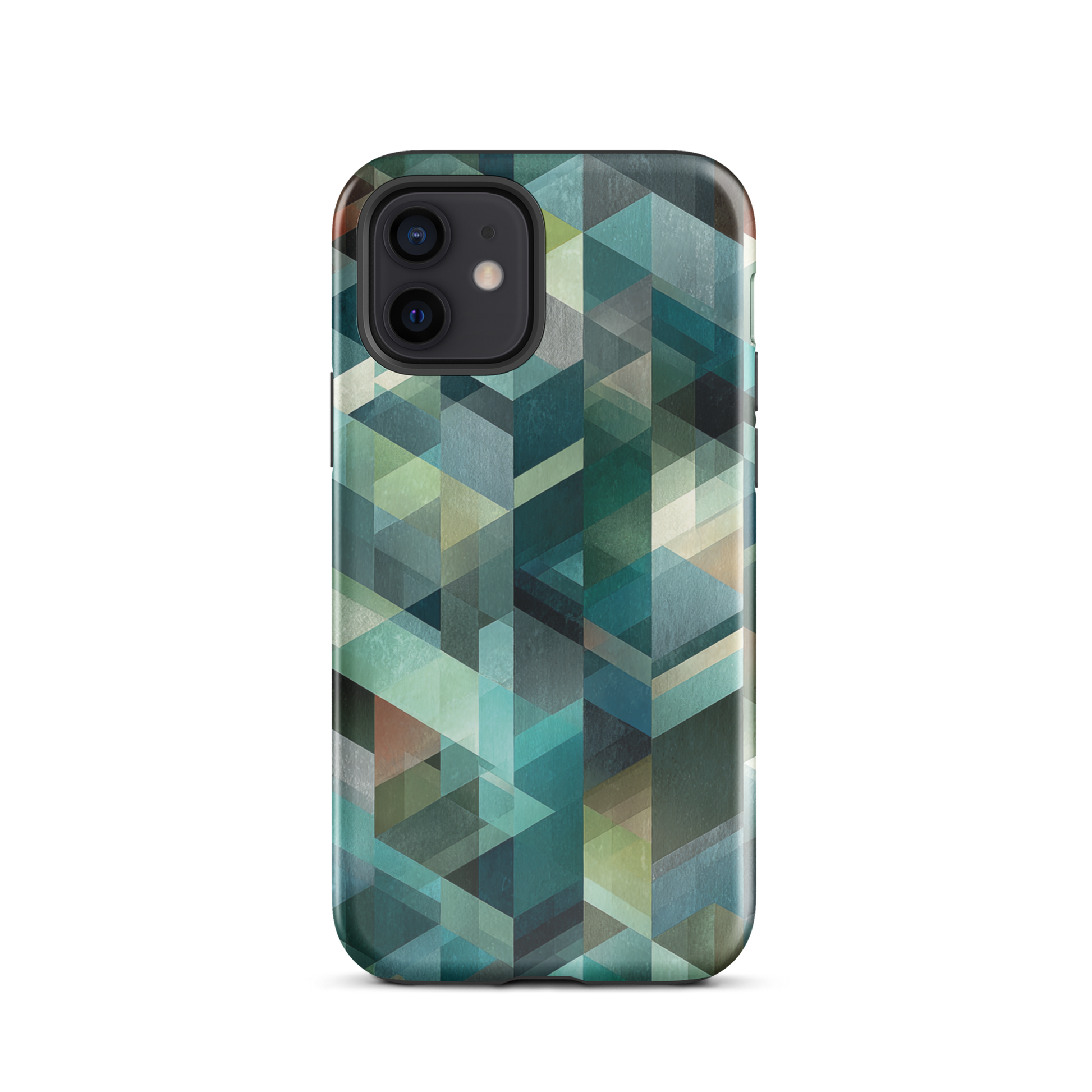 Modern abstract geometric phone case in teal and blue tones with layered retro-inspired shapes.