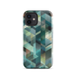 Modern abstract geometric phone case in teal and blue tones with layered retro-inspired shapes.