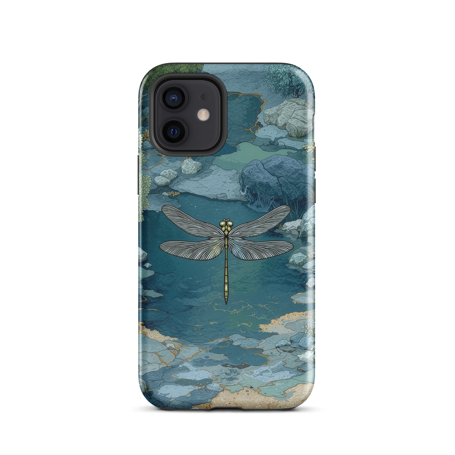 Nature-inspired phone case featuring a dragonfly over calm water with blue and green forest tones.
