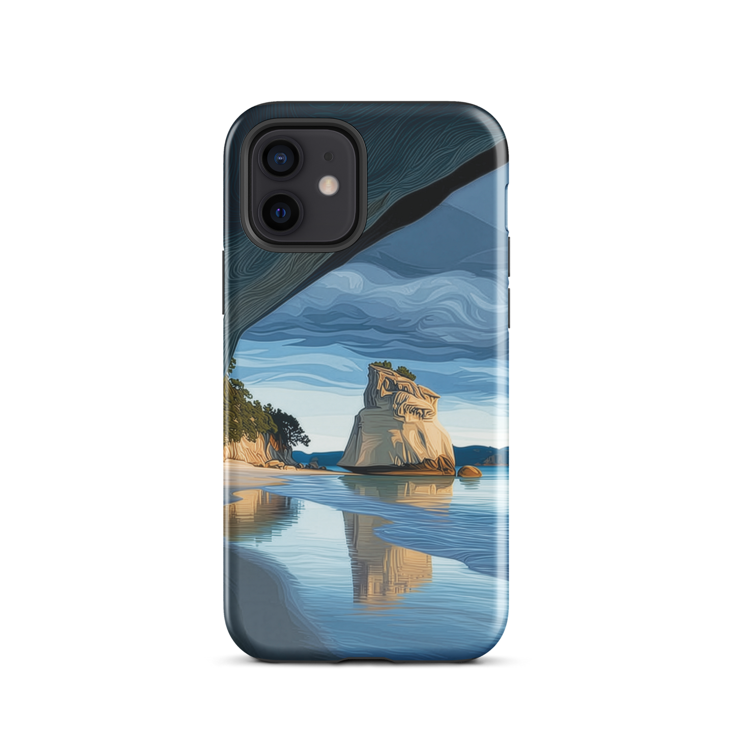 Artistic Cathedral Cove coastal designer phone case with arch rock, blue ocean and golden cliffs
