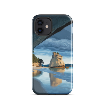 Artistic Cathedral Cove coastal designer phone case with arch rock, blue ocean and golden cliffs
