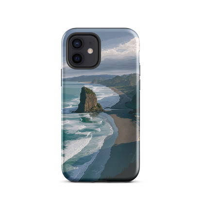Piha Beach Lion Rock designer phone case with turquoise waves and dramatic NZ coastline
