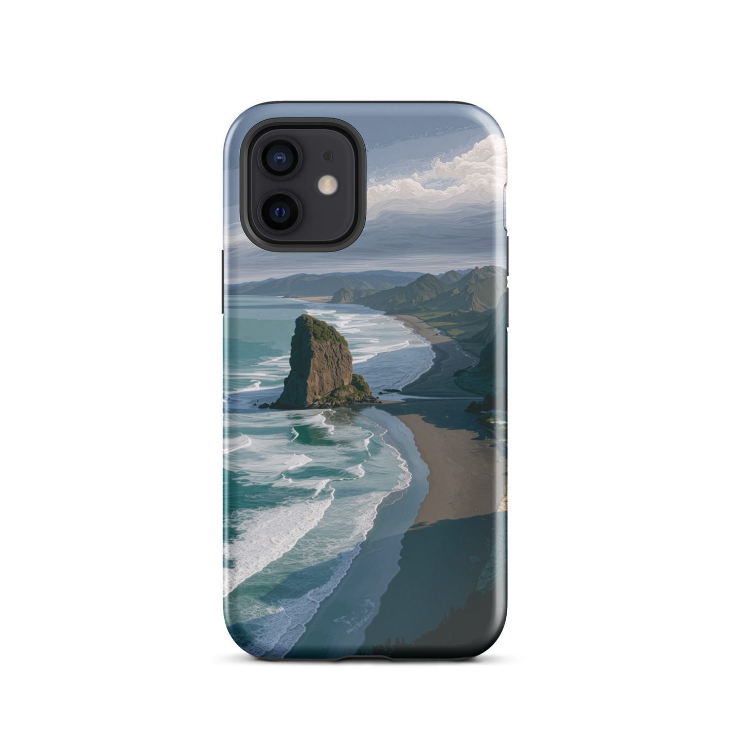 Piha Beach Lion Rock designer phone case with turquoise waves and dramatic NZ coastline