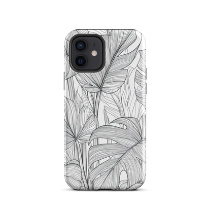 Minimal black and white tropical leaf designer phone case with detailed botanical line art