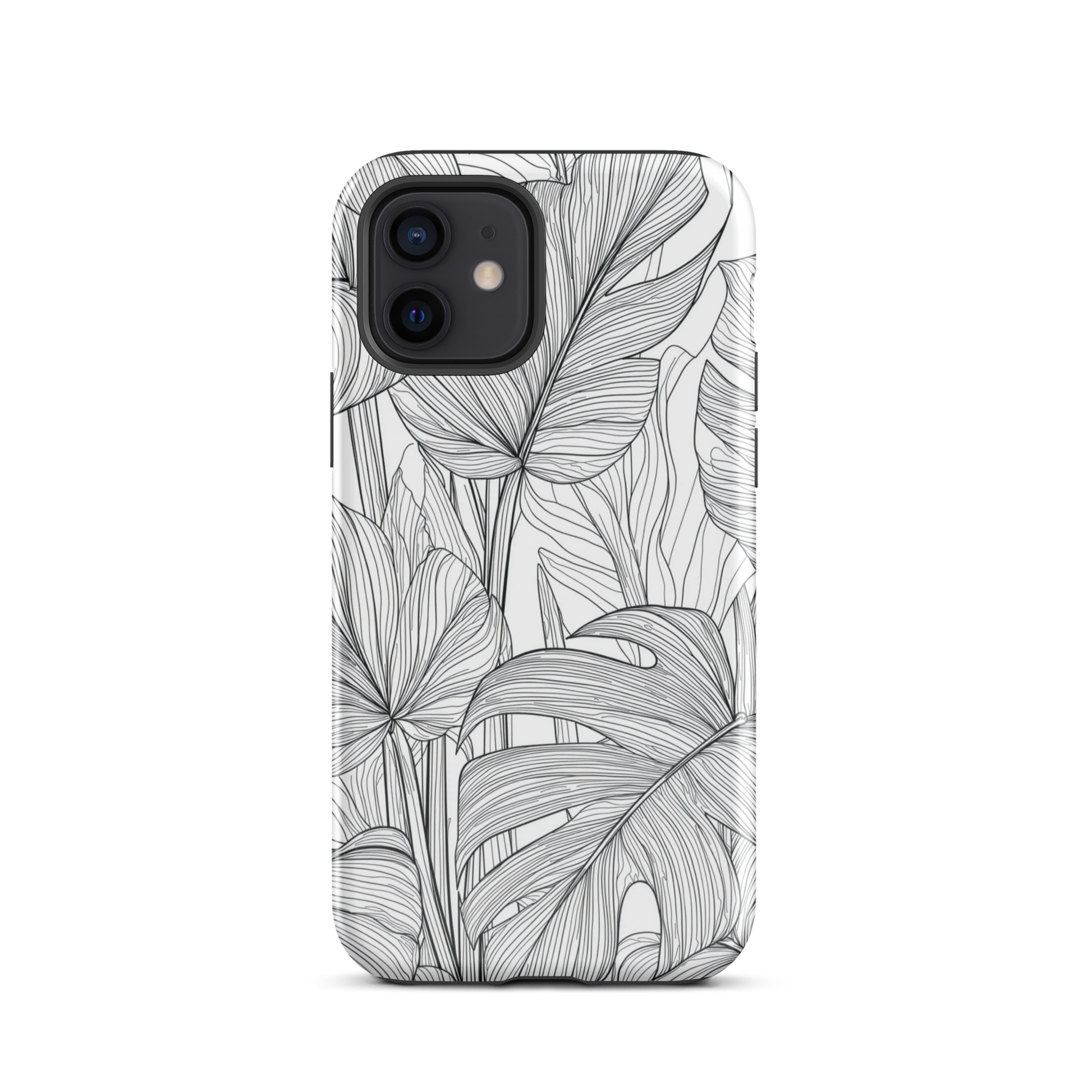 Minimal black and white tropical leaf designer phone case with detailed botanical line art