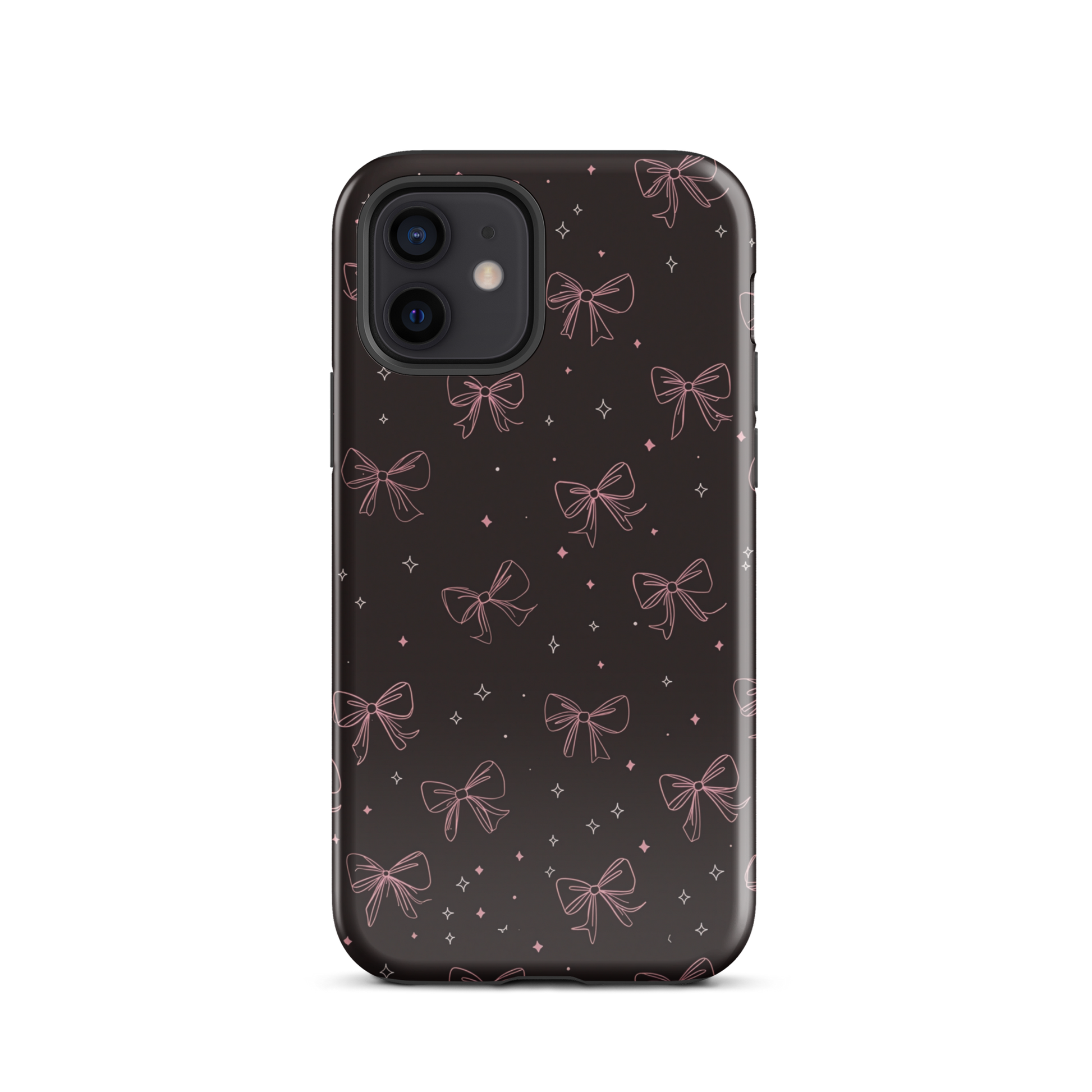 Midnight Bow seamless repeat pattern — pink hand-drawn ribbon bows and sparkle stars on a black background