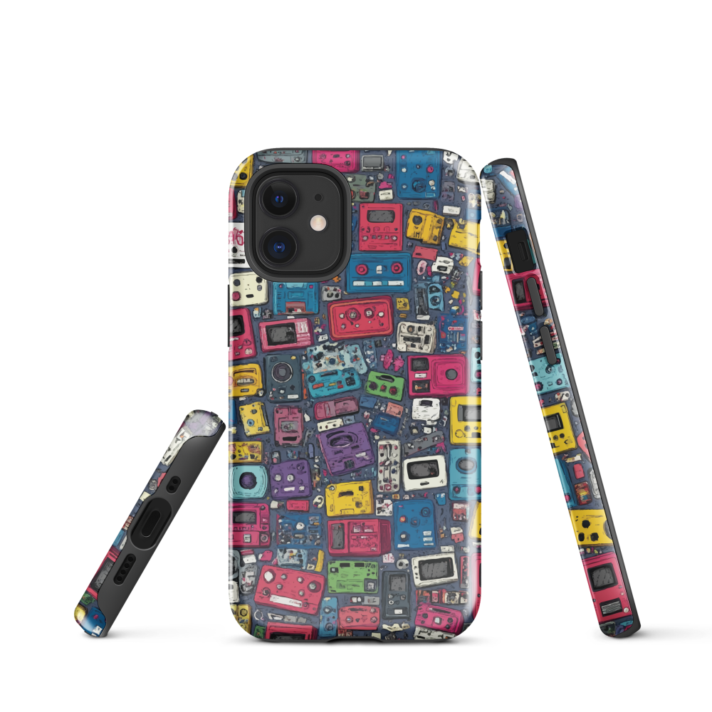 'Arcade' iPhone case, featuring a vibrant collage of hand-drawn controllers in bold, vintage-inspired colours. From electric blue and hot pink to classic black and yellow