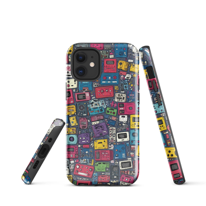 'Arcade' iPhone case, featuring a vibrant collage of hand-drawn controllers in bold, vintage-inspired colours. From electric blue and hot pink to classic black and yellow