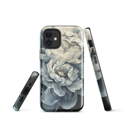 'Whisper' iPhone case features a stunning close-up of softly painted peony blooms in dreamy shades of ivory, grey, and smoky blue.