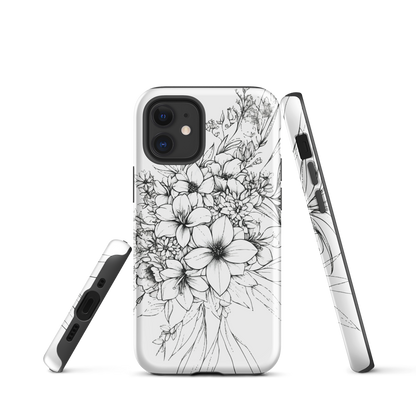 Black and white floral phone case with hand-drawn lilies and wildflowers