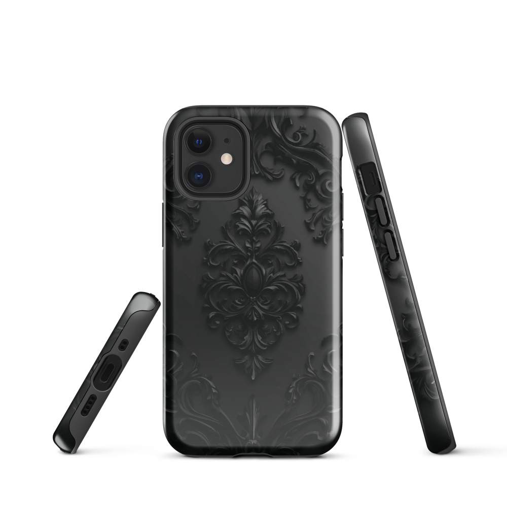 Black embossed damask phone case with gothic baroque pattern.
