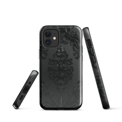 Black embossed damask phone case with gothic baroque pattern.