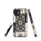 Moroccan tile pattern phone case in black, white, and gold tones with vintage-inspired design.