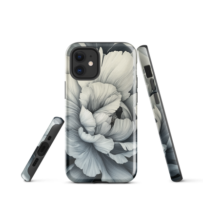 Black and white floral phone case featuring a soft, moody peony design by New Zealand artist Ben Hart.