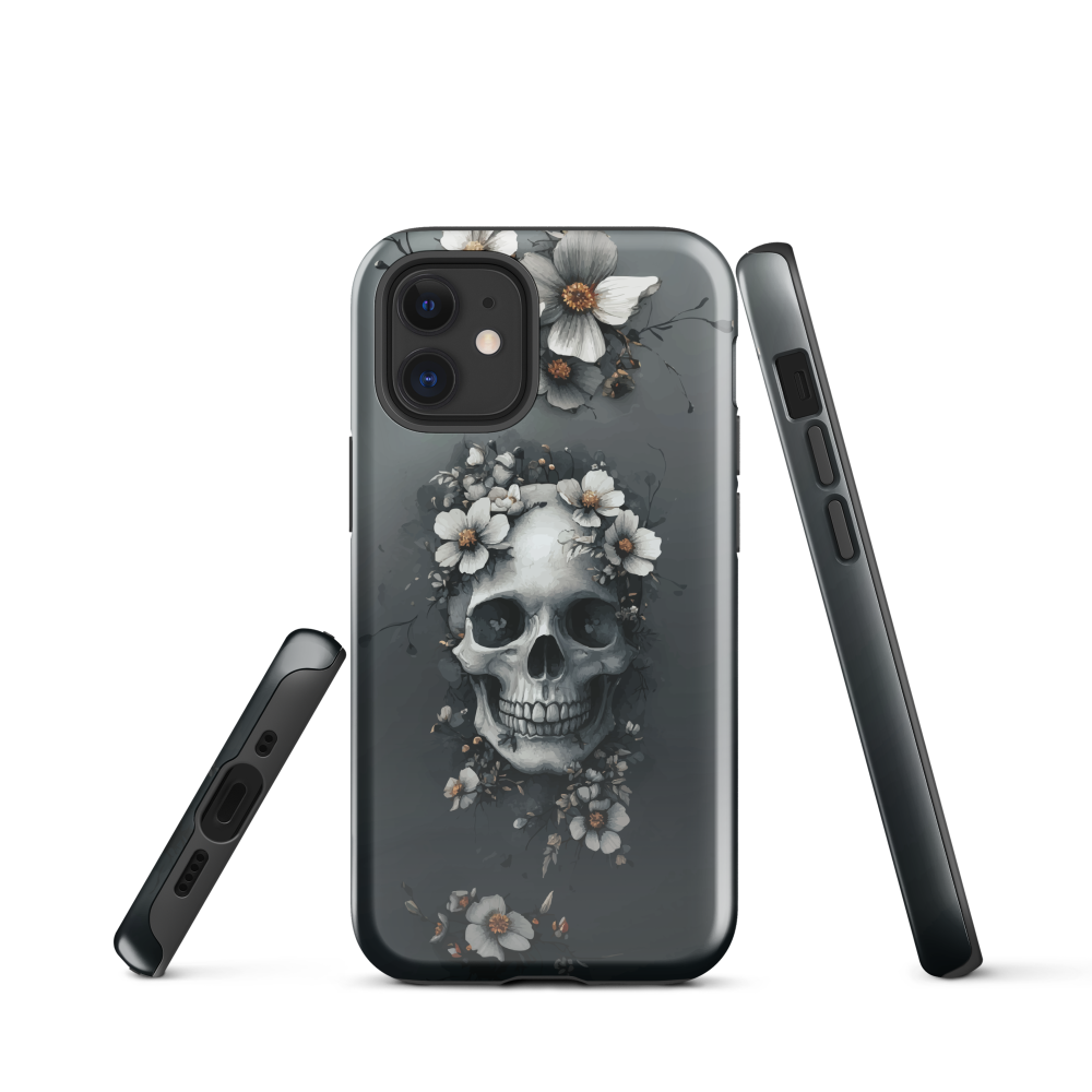 Gothic phone case with a floral skull design in grey tones, featuring white blossoms and dark detailing.