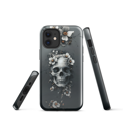 Gothic phone case with a floral skull design in grey tones, featuring white blossoms and dark detailing.