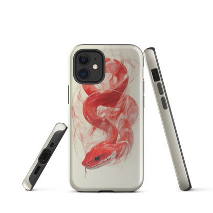 Phone case with red snake design on a cream background, coiled in smoky detail. Bold artwork by NZ designer Ben Hart.