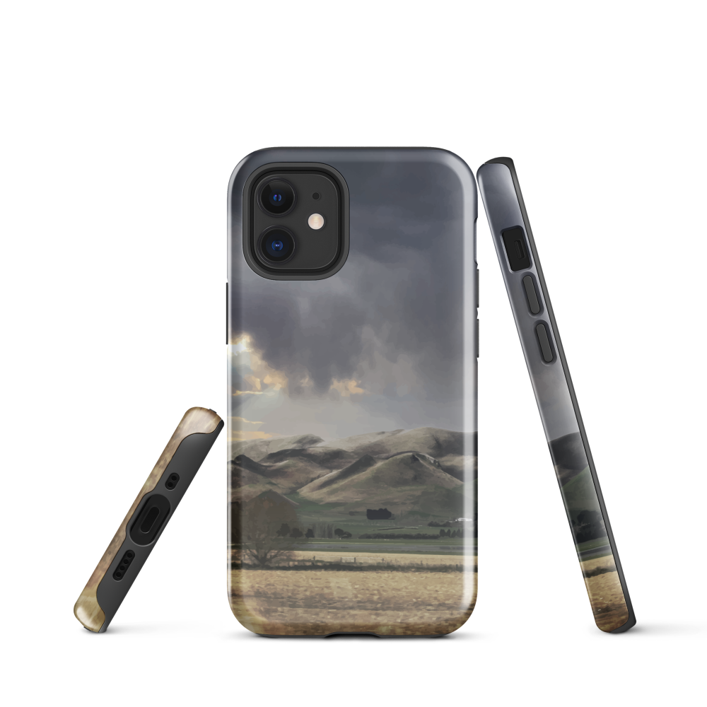 Designer phone case with NZ landscape painting of Te Hauke and cloudy skies by Ben Hart.